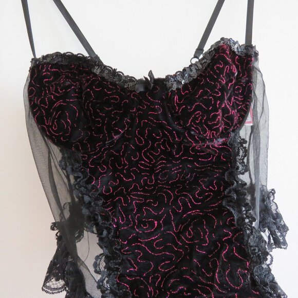 VINTAGE EMIL BOLE Lace Ruffle Black Mesh Velvet Metallic Bodysuit Teddy Goth - Picture 2 of 15